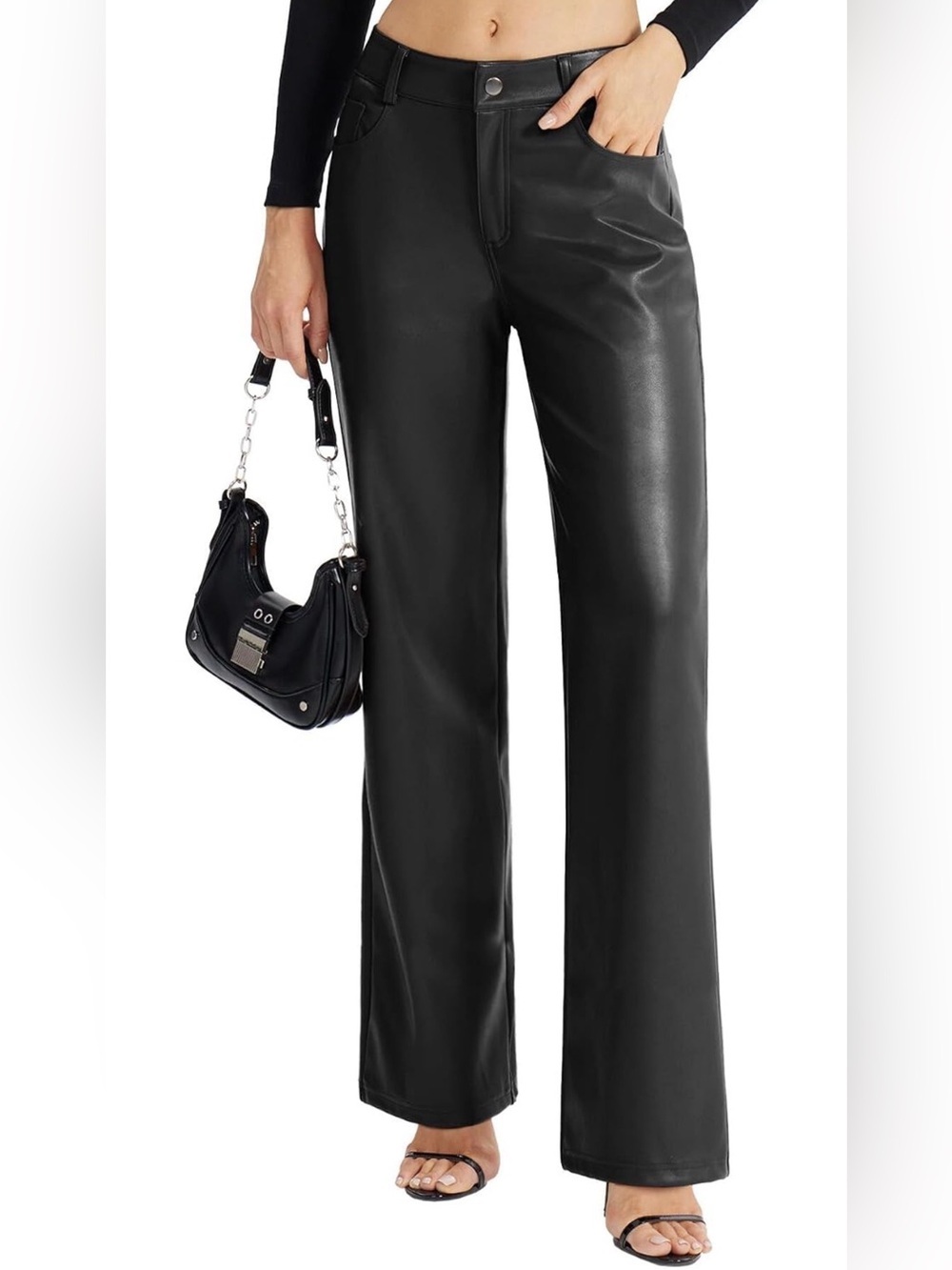 Viligo Women’s Soft Faux Leather Pants with Pockets & Straight Leg Fit in Black